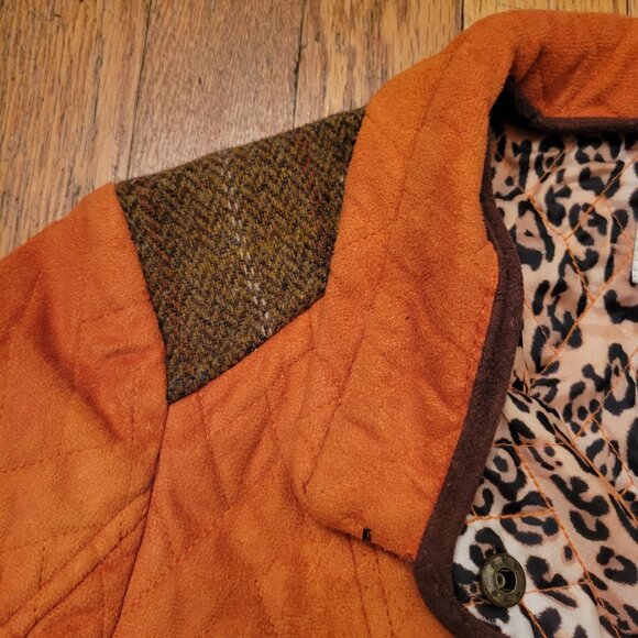 Tasha Polizzi Orange Quilted Coat L Leopard Print Lining Brown Tweed Trim Patche - Picture 8 of 10